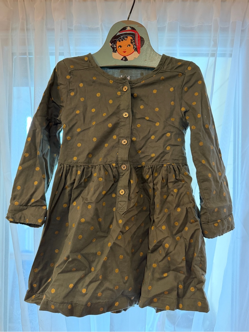 Girls' Green Long-Sleeve Polka Dot Dress